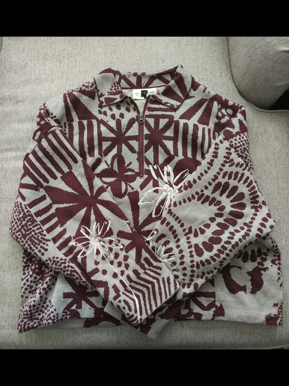 Men's size XL SAALT Studio Floral & Geometric Pullover Quarterzip Sweater